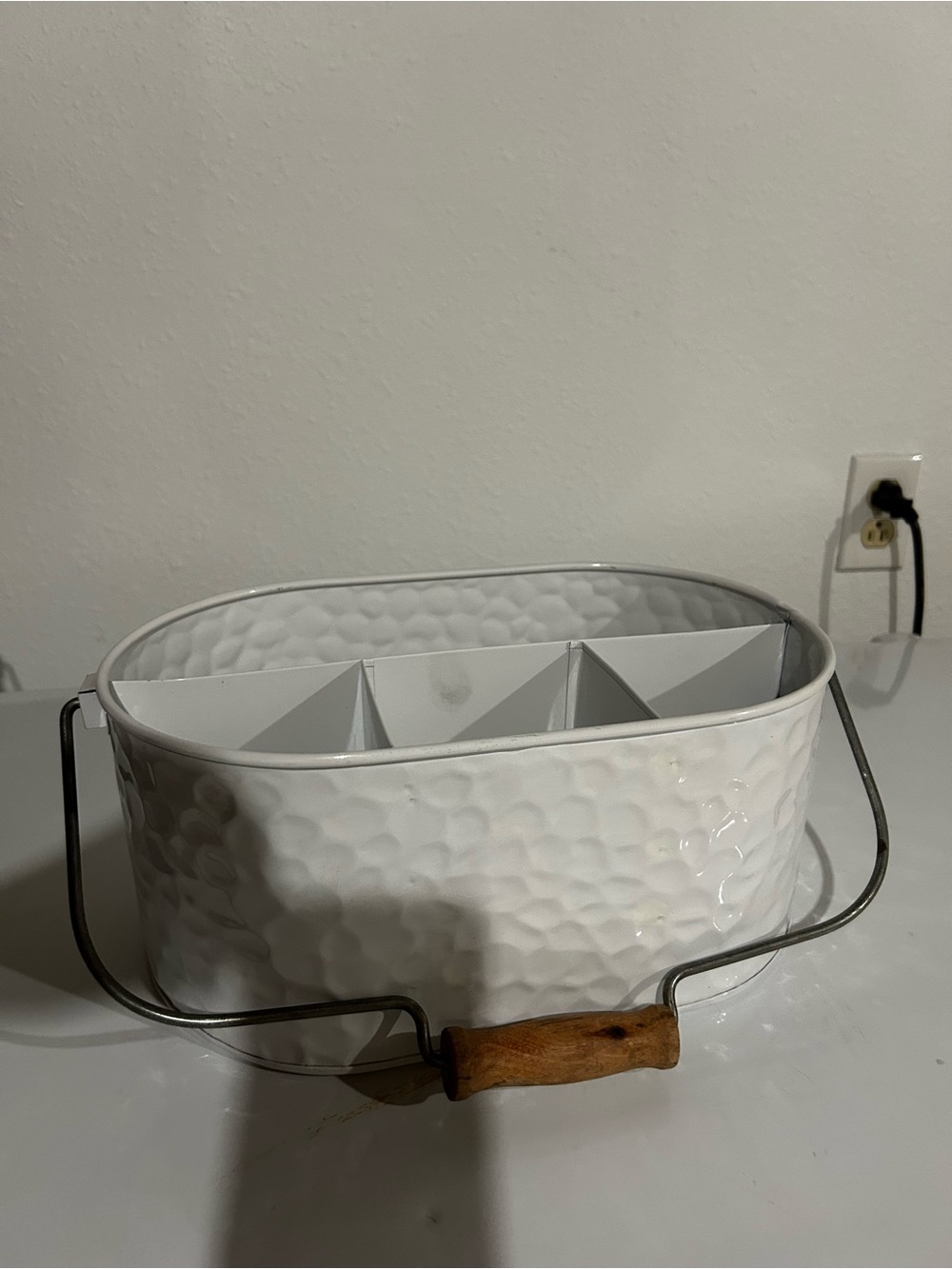 White Hammered Metal Caddy with Wood Handle